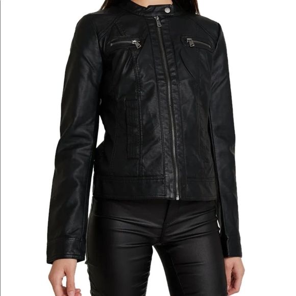 ASOS - NEW LOOK - Faux Leather Puff Sleeve Zip Jacket w Stretch Bodice - Picture 1 of 13
